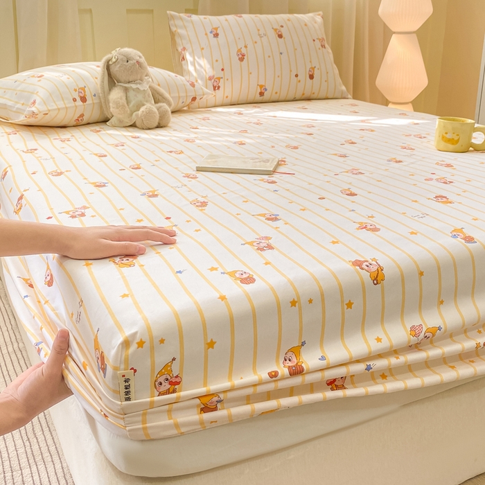 91家纺网 家纺一手货源 找家纺 优品惠 2026新款老粗布床笠凉席席子空调软席单品床垫保护套三件套 可爱星星人