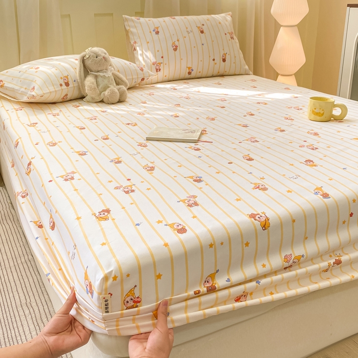 91家纺网 家纺一手货源 找家纺 优品惠 2026新款老粗布床笠凉席席子空调软席单品床垫保护套三件套 可爱星星人