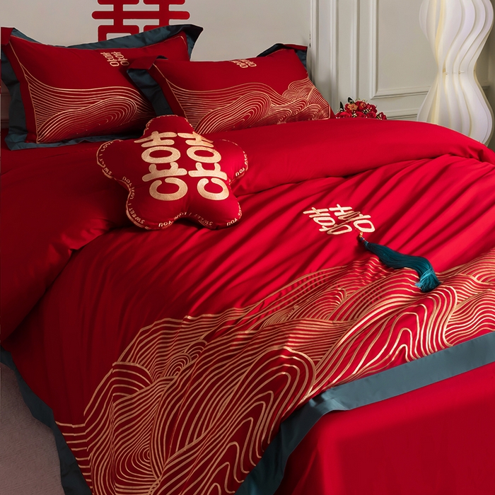 91家纺网 家纺一手货源 找家纺 甜咪咪婚庆 2026新款长绒棉全棉绣花结婚婚庆四件套多件套床单床盖款 海誓