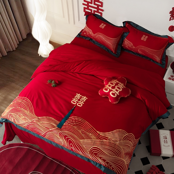 91家纺网 家纺一手货源 找家纺 甜咪咪婚庆 2026新款长绒棉全棉绣花结婚婚庆四件套多件套床单床盖款 海誓