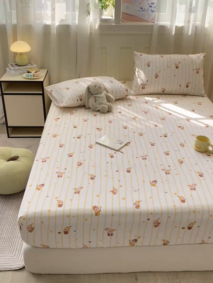 91家纺网 家纺一手货源 找家纺 优品惠 2026新款老粗布床笠凉席席子空调软席单品床垫保护套三件套 可爱星星人