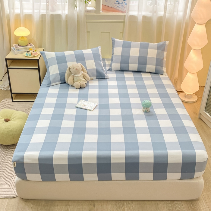 91家纺网 家纺一手货源 找家纺 优品惠 2026新款老粗布床笠凉席席子空调软席单品床垫保护套三件套 蓝大格