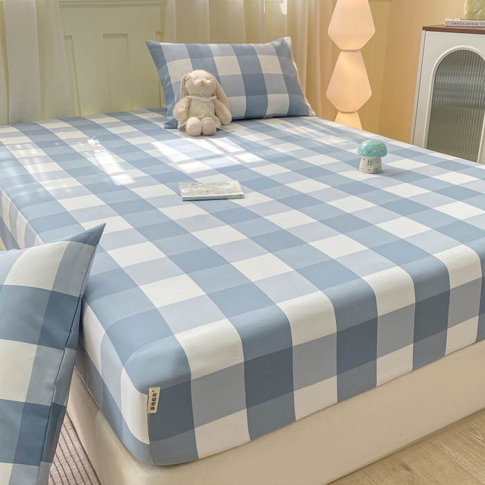 91家纺网 家纺一手货源 找家纺 优品惠 2026新款老粗布床笠凉席席子空调软席单品床垫保护套三件套 蓝大格