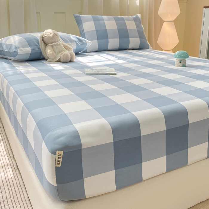 91家纺网 家纺一手货源 找家纺 优品惠 2026新款老粗布床笠凉席席子空调软席单品床垫保护套三件套 蓝大格