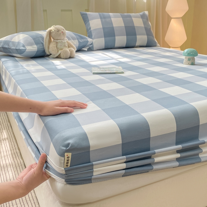 91家纺网 家纺一手货源 找家纺 优品惠 2026新款老粗布床笠凉席席子空调软席单品床垫保护套三件套 蓝大格