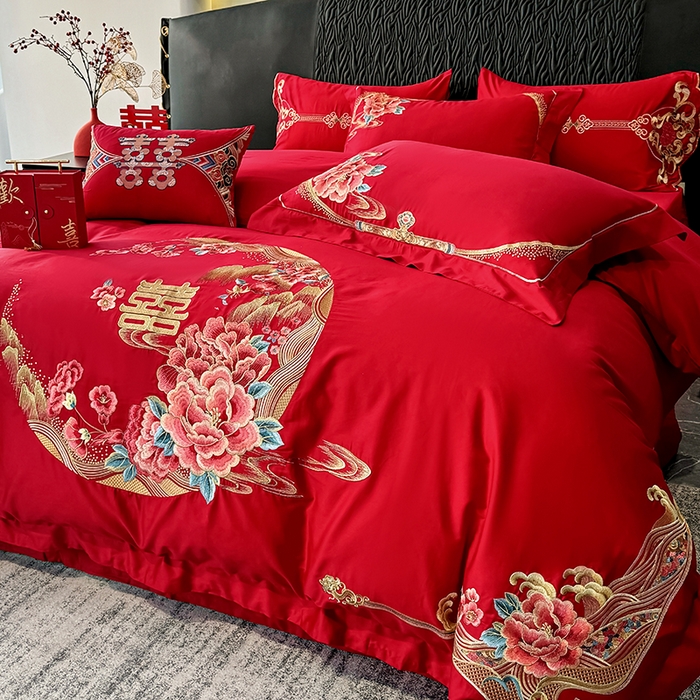 91家纺网 家纺一手货源 找家纺 甜咪咪婚庆 2026新款长绒棉全棉绣花结婚婚庆四件套多件套床单床盖款 花开富贵