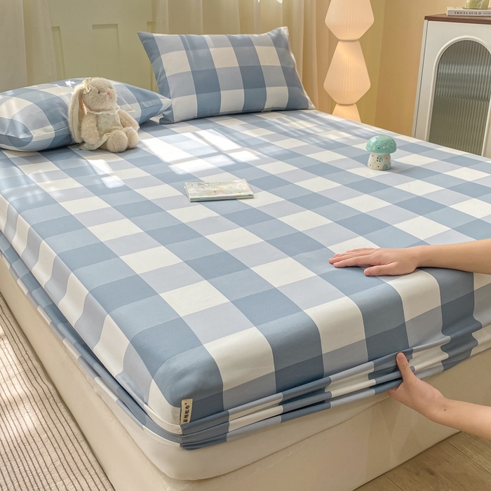 91家纺网 家纺一手货源 找家纺 优品惠 2026新款老粗布床笠凉席席子空调软席单品床垫保护套三件套 蓝大格