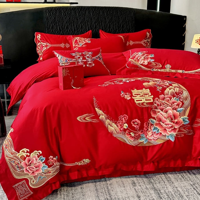 91家纺网 家纺一手货源 找家纺 甜咪咪婚庆 2026新款长绒棉全棉绣花结婚婚庆四件套多件套床单床盖款 花开富贵