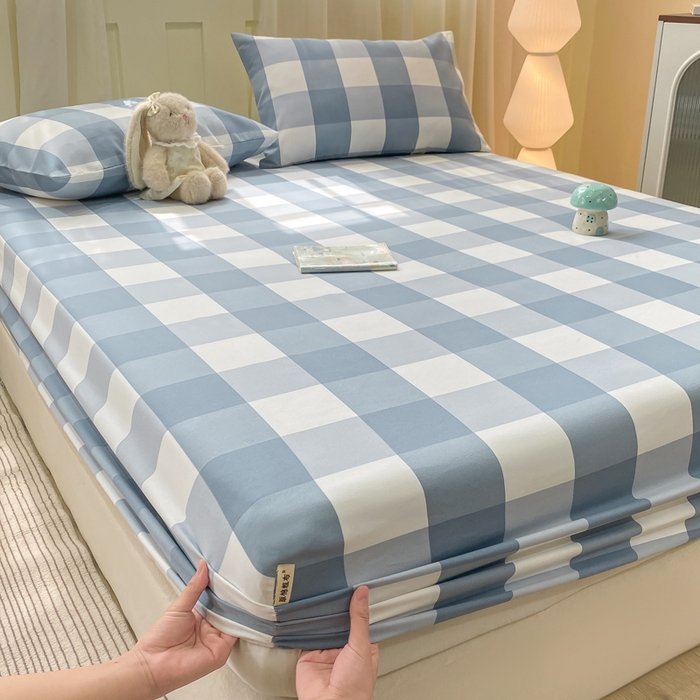 91家纺网 家纺一手货源 找家纺 优品惠 2026新款老粗布床笠凉席席子空调软席单品床垫保护套三件套 蓝大格