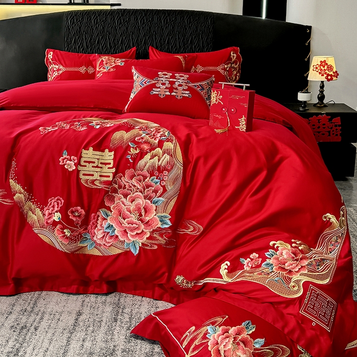 91家纺网 家纺一手货源 找家纺 甜咪咪婚庆 2026新款长绒棉全棉绣花结婚婚庆四件套多件套床单床盖款 花开富贵