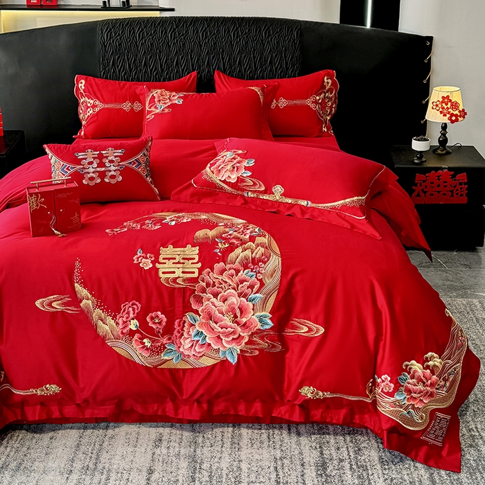 91家纺网 家纺一手货源 找家纺 甜咪咪婚庆 2026新款长绒棉全棉绣花结婚婚庆四件套多件套床单床盖款 花开富贵
