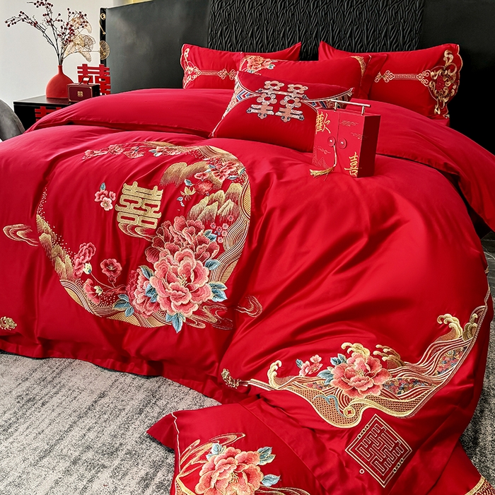 91家纺网 家纺一手货源 找家纺 甜咪咪婚庆 2026新款长绒棉全棉绣花结婚婚庆四件套多件套床单床盖款 花开富贵