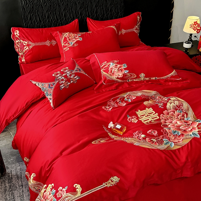 91家纺网 家纺一手货源 找家纺 甜咪咪婚庆 2026新款长绒棉全棉绣花结婚婚庆四件套多件套床单床盖款 花开富贵