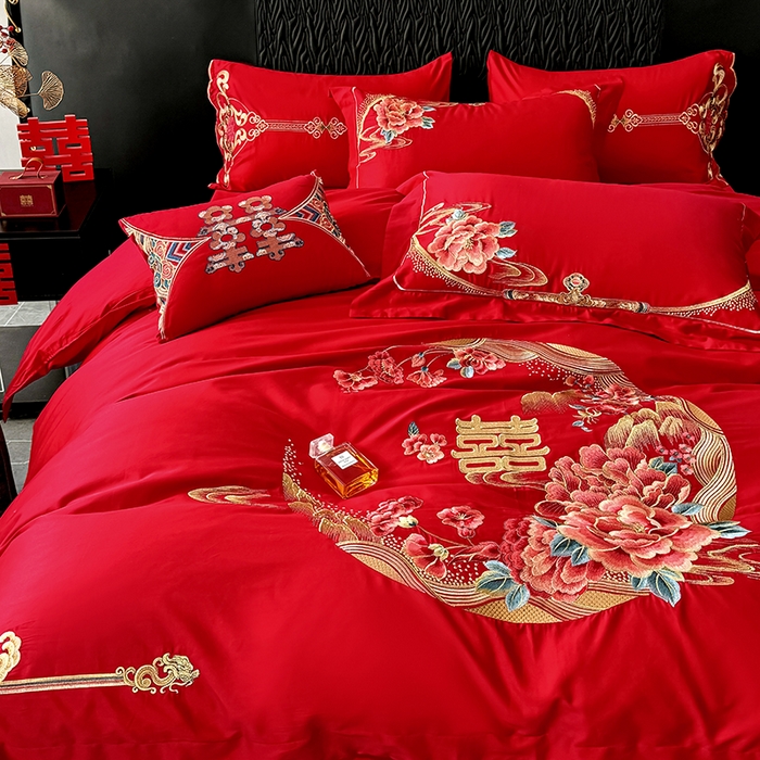 91家纺网 家纺一手货源 找家纺 甜咪咪婚庆 2026新款长绒棉全棉绣花结婚婚庆四件套多件套床单床盖款 花开富贵