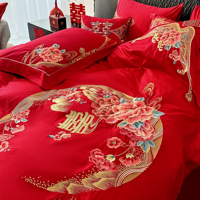 91家纺网 家纺一手货源 找家纺 甜咪咪婚庆 2026新款长绒棉全棉绣花结婚婚庆四件套多件套床单床盖款 花开富贵