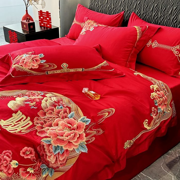 91家纺网 家纺一手货源 找家纺 甜咪咪婚庆 2026新款长绒棉全棉绣花结婚婚庆四件套多件套床单床盖款 花开富贵