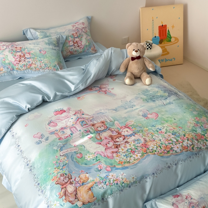 91家纺网 家纺一手货源 找家纺 U品汇 2026新品纯棉全棉平网大版数码印花四件套高端60支长绒棉贡缎埋绳宽边系列 彩虹派对（蓝）