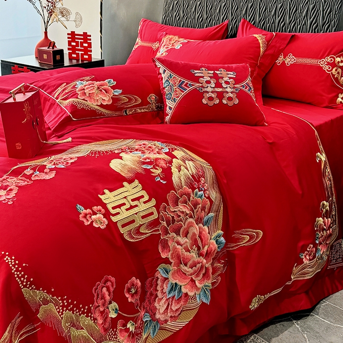 91家纺网 家纺一手货源 找家纺 甜咪咪婚庆 2026新款长绒棉全棉绣花结婚婚庆四件套多件套床单床盖款 花开富贵