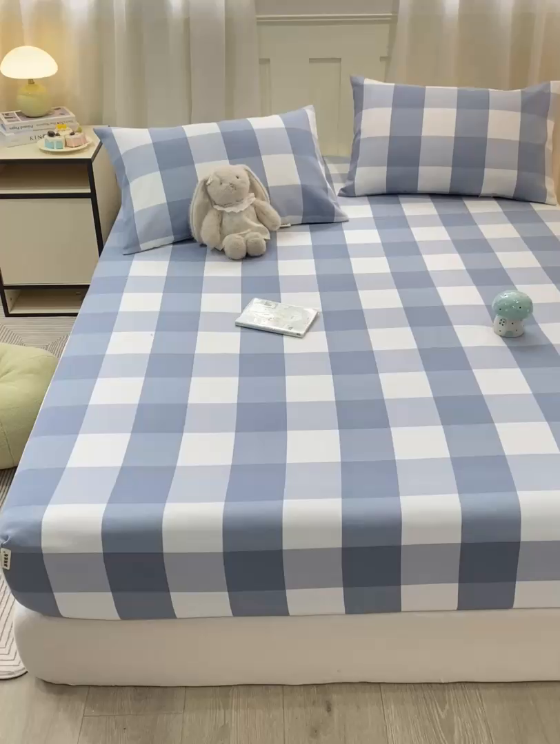 91家纺网 家纺一手货源 找家纺 优品惠 2026新款老粗布床笠凉席席子空调软席单品床垫保护套三件套 蓝大格