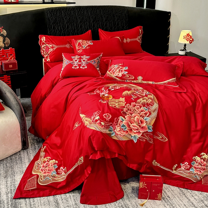 91家纺网 家纺一手货源 找家纺 甜咪咪婚庆 2026新款长绒棉全棉绣花结婚婚庆四件套多件套床单床盖款 花开富贵