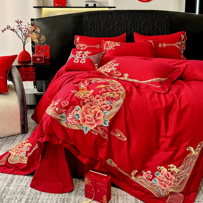 91家纺网 家纺一手货源 找家纺 甜咪咪婚庆 2026新款长绒棉全棉绣花结婚婚庆四件套多件套床单床盖款 花开富贵