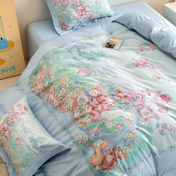 91家纺网 家纺一手货源 找家纺 U品汇 2026新品纯棉全棉平网大版数码印花四件套高端60支长绒棉贡缎埋绳宽边系列 彩虹派对（蓝）