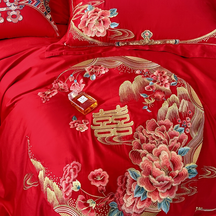 91家纺网 家纺一手货源 找家纺 甜咪咪婚庆 2026新款长绒棉全棉绣花结婚婚庆四件套多件套床单床盖款 花开富贵