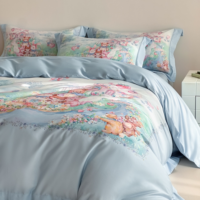 91家纺网 家纺一手货源 找家纺 U品汇 2026新品纯棉全棉平网大版数码印花四件套高端60支长绒棉贡缎埋绳宽边系列 彩虹派对（蓝）