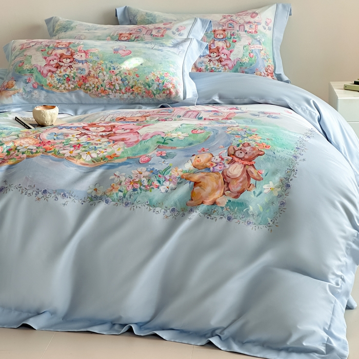 91家纺网 家纺一手货源 找家纺 U品汇 2026新品纯棉全棉平网大版数码印花四件套高端60支长绒棉贡缎埋绳宽边系列 彩虹派对（蓝）