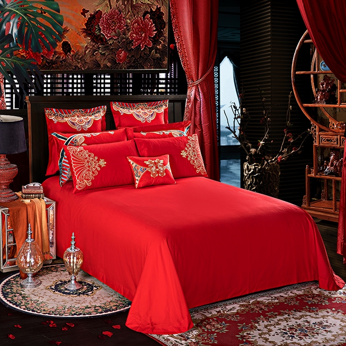 91家纺网 家纺一手货源 找家纺 甜咪咪婚庆 2026新款长绒棉全棉绣花结婚婚庆四件套多件套床单床盖款 九五挚恋