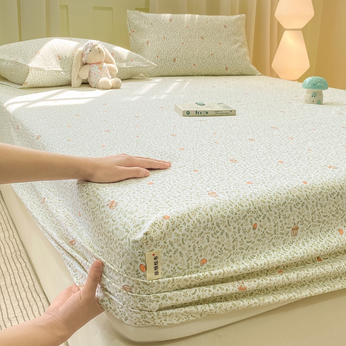 91家纺网 家纺一手货源 找家纺 优品惠 2026新款老粗布床笠凉席席子空调软席单品床垫保护套三件套 林间小兔