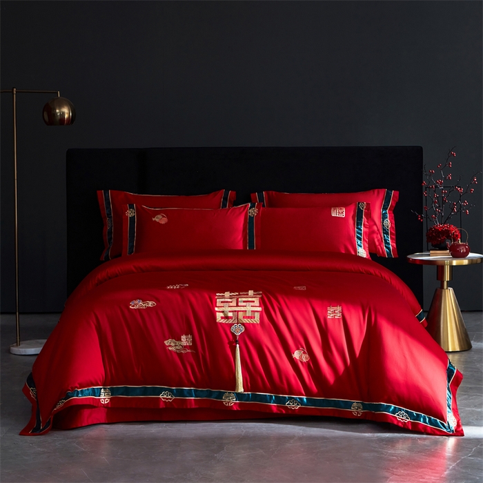 甜咪咪婚庆 2026新款长绒棉全棉绣花结婚婚庆四件套多件套床单床盖款 乐多多