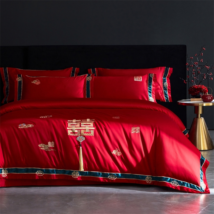 91家纺网 家纺一手货源 找家纺 甜咪咪婚庆 2026新款长绒棉全棉绣花结婚婚庆四件套多件套床单床盖款 乐多多