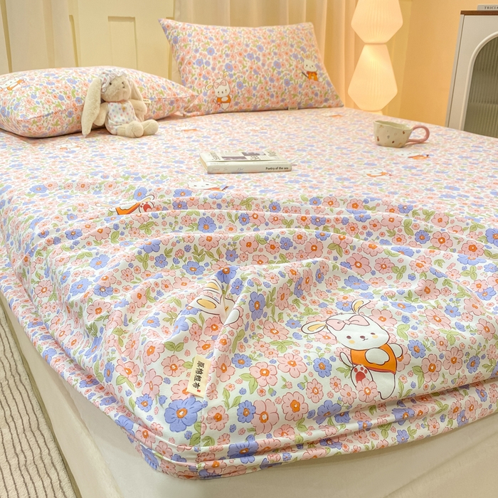 91家纺网 家纺一手货源 找家纺 优品惠 2026新款老粗布床笠凉席席子空调软席单品床垫保护套三件套 萌兔