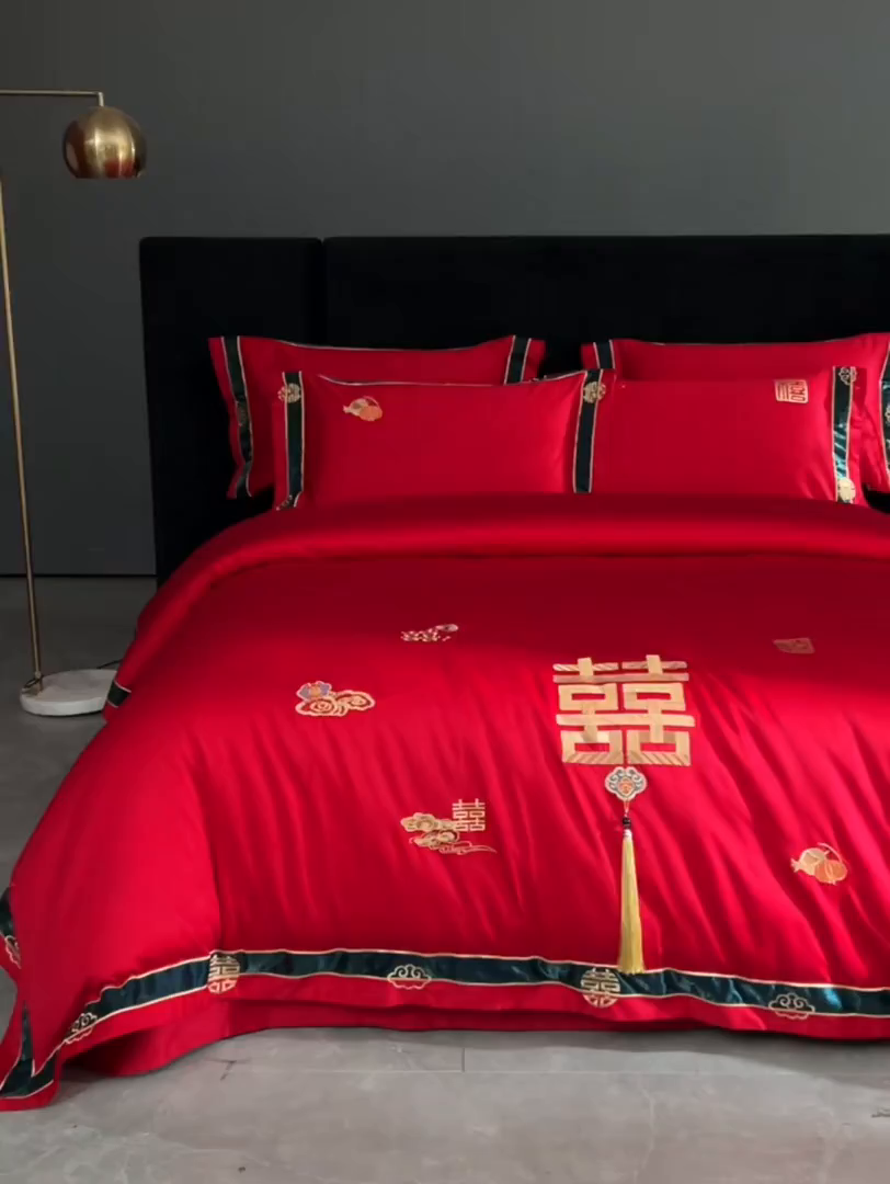 91家纺网 家纺一手货源 找家纺 甜咪咪婚庆 2026新款长绒棉全棉绣花结婚婚庆四件套多件套床单床盖款 乐多多