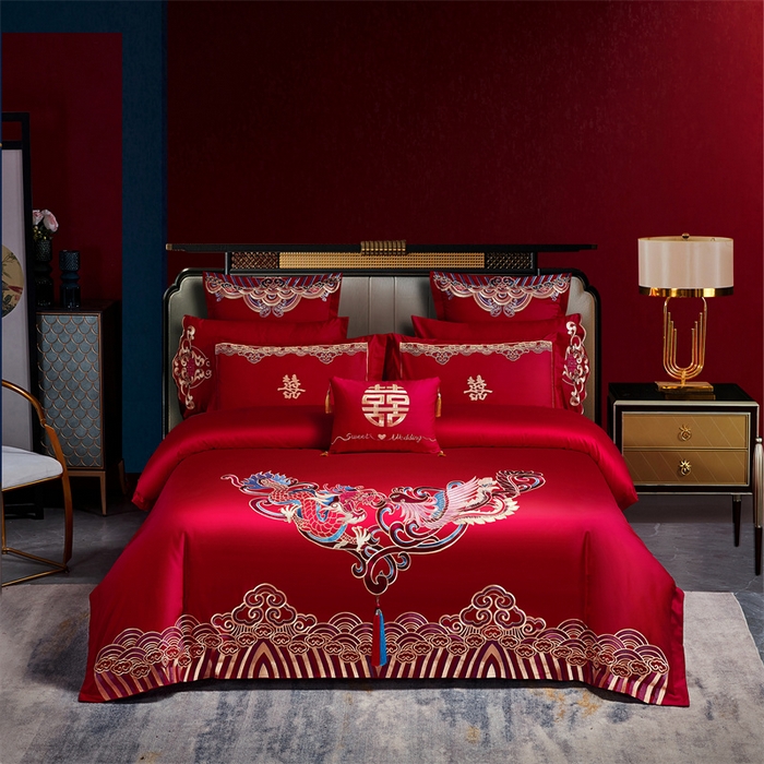 甜咪咪婚庆 2026新款长绒棉全棉绣花结婚婚庆四件套多件套床单床盖款 龙凤呈祥