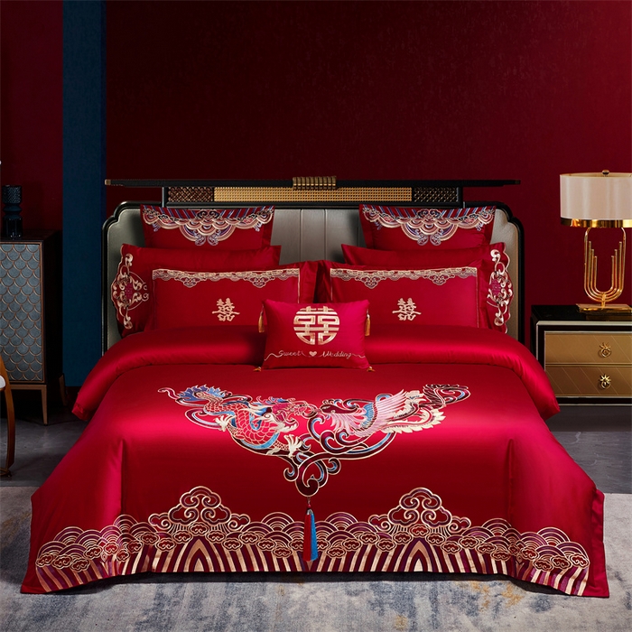 91家纺网 家纺一手货源 找家纺 甜咪咪婚庆 2026新款长绒棉全棉绣花结婚婚庆四件套多件套床单床盖款 龙凤呈祥