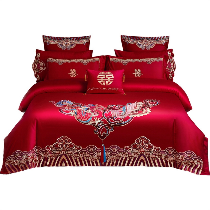 91家纺网 家纺一手货源 找家纺 甜咪咪婚庆 2026新款长绒棉全棉绣花结婚婚庆四件套多件套床单床盖款 龙凤呈祥
