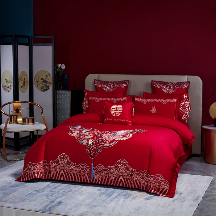 91家纺网 家纺一手货源 找家纺 甜咪咪婚庆 2026新款长绒棉全棉绣花结婚婚庆四件套多件套床单床盖款 龙凤呈祥