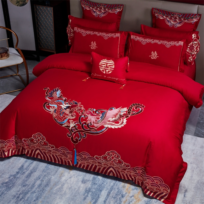 91家纺网 家纺一手货源 找家纺 甜咪咪婚庆 2026新款长绒棉全棉绣花结婚婚庆四件套多件套床单床盖款 龙凤呈祥