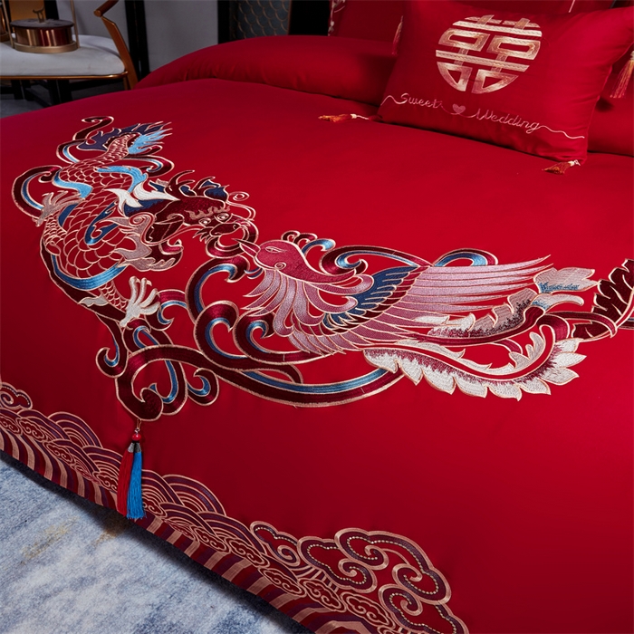 91家纺网 家纺一手货源 找家纺 甜咪咪婚庆 2026新款长绒棉全棉绣花结婚婚庆四件套多件套床单床盖款 龙凤呈祥