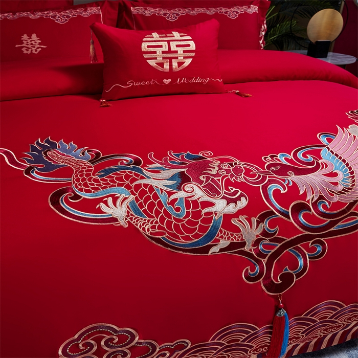 91家纺网 家纺一手货源 找家纺 甜咪咪婚庆 2026新款长绒棉全棉绣花结婚婚庆四件套多件套床单床盖款 龙凤呈祥