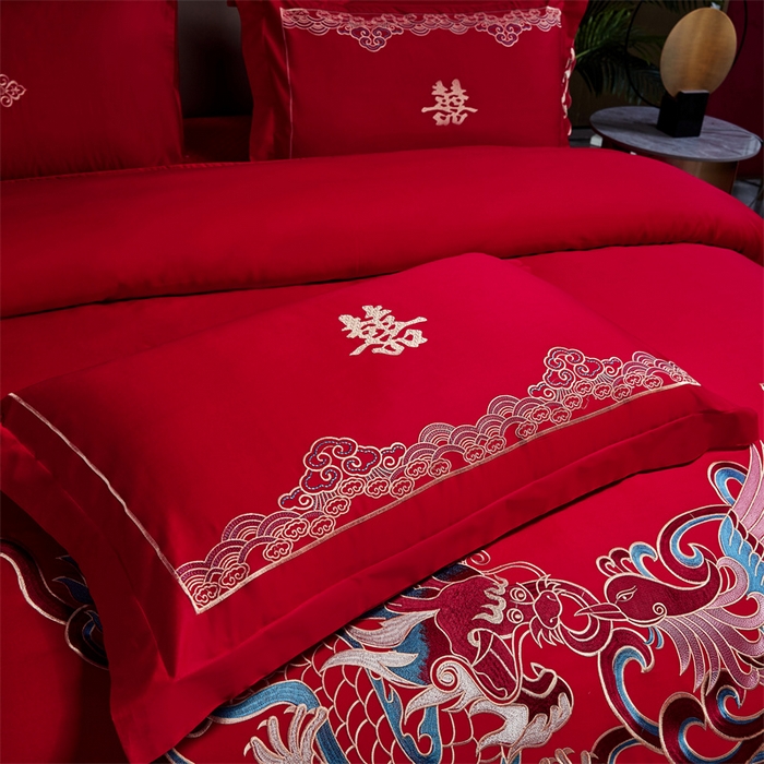 91家纺网 家纺一手货源 找家纺 甜咪咪婚庆 2026新款长绒棉全棉绣花结婚婚庆四件套多件套床单床盖款 龙凤呈祥