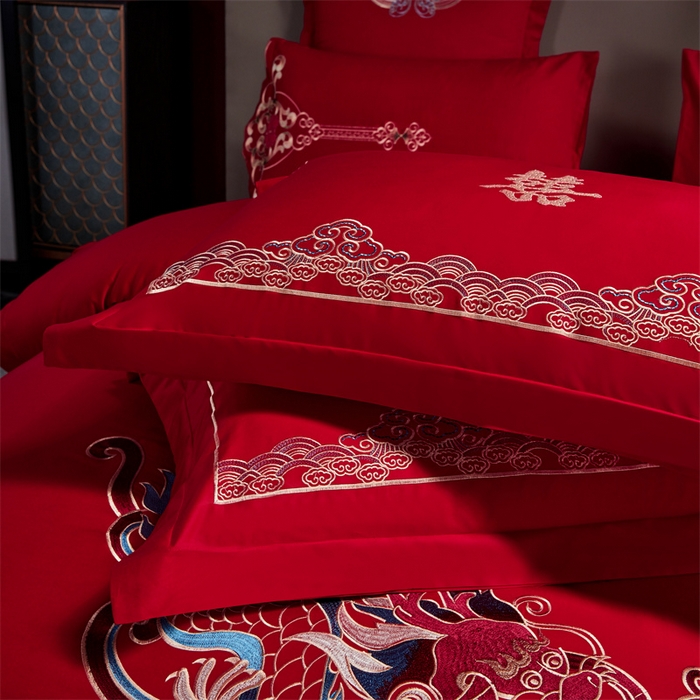 91家纺网 家纺一手货源 找家纺 甜咪咪婚庆 2026新款长绒棉全棉绣花结婚婚庆四件套多件套床单床盖款 龙凤呈祥