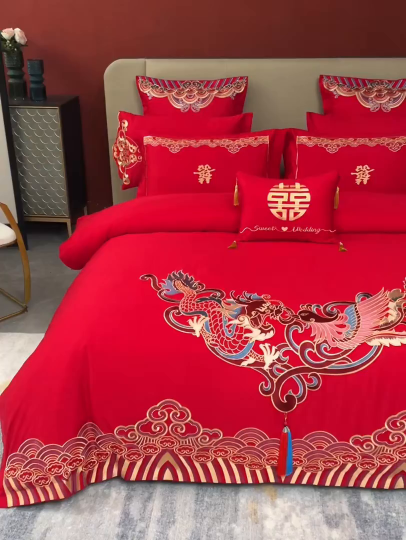 91家纺网 家纺一手货源 找家纺 甜咪咪婚庆 2026新款长绒棉全棉绣花结婚婚庆四件套多件套床单床盖款 龙凤呈祥