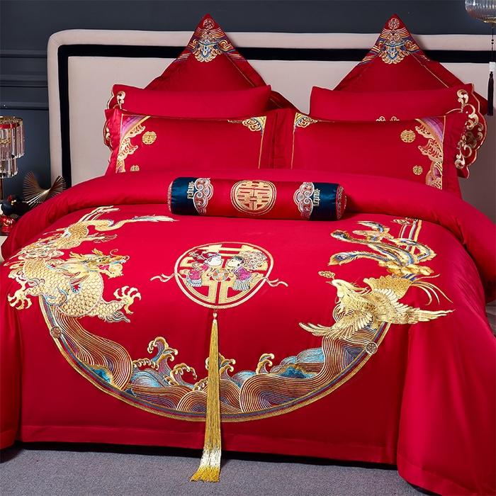 91家纺网 家纺一手货源 找家纺 甜咪咪婚庆 2026新款长绒棉全棉绣花结婚婚庆四件套多件套床单床盖款 龙凤传情