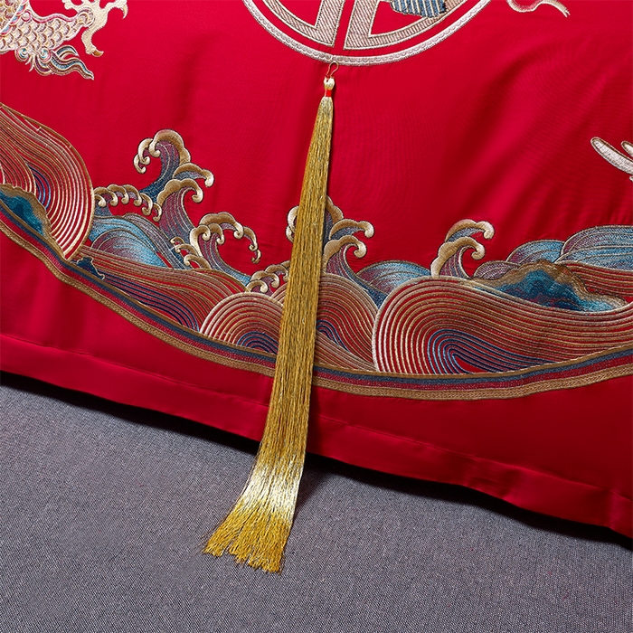 91家纺网 家纺一手货源 找家纺 甜咪咪婚庆 2026新款长绒棉全棉绣花结婚婚庆四件套多件套床单床盖款 龙凤传情