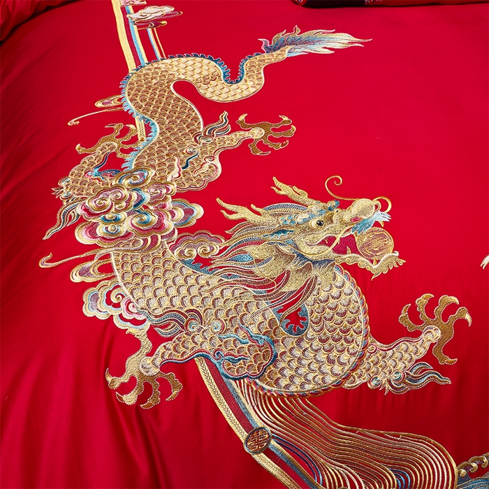 91家纺网 家纺一手货源 找家纺 甜咪咪婚庆 2026新款长绒棉全棉绣花结婚婚庆四件套多件套床单床盖款 龙凤传情