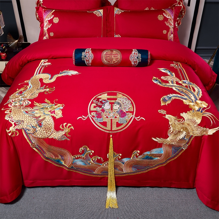 91家纺网 家纺一手货源 找家纺 甜咪咪婚庆 2026新款长绒棉全棉绣花结婚婚庆四件套多件套床单床盖款 龙凤传情