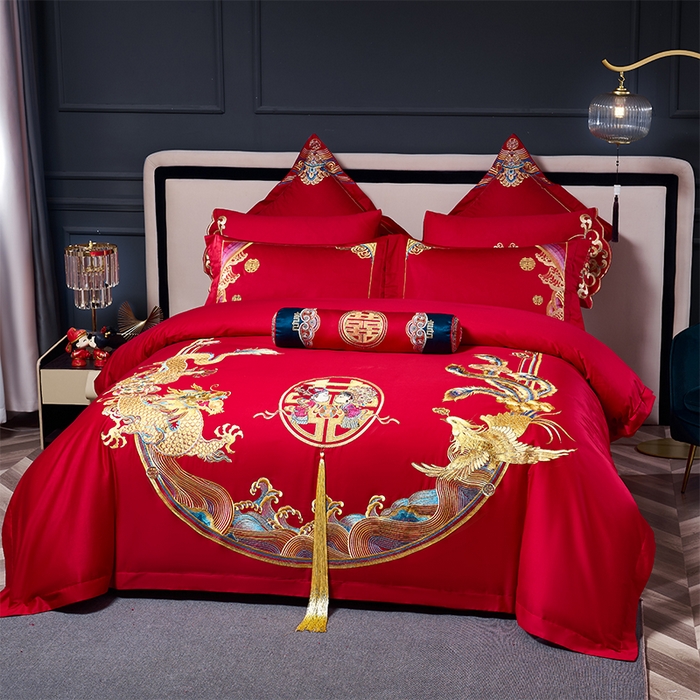 91家纺网 家纺一手货源 找家纺 甜咪咪婚庆 2026新款长绒棉全棉绣花结婚婚庆四件套多件套床单床盖款 龙凤传情